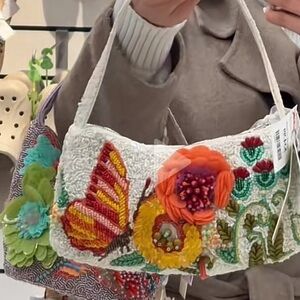 White Floral Embroidered Shoulder Bag with Multicolor Appliqué -NWT